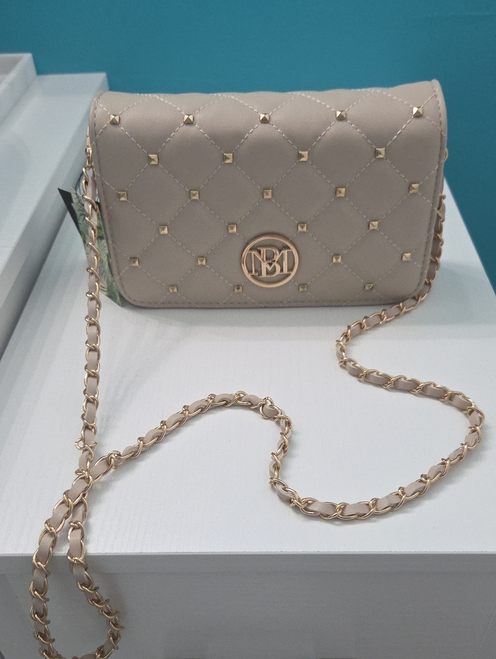 Studio Badgley Mischka Signature Quilted Chain Crossbody Bag in Beige